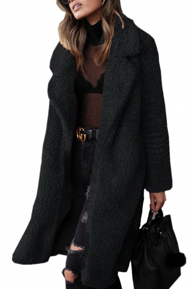 Winter Warm Women's Overcoat Solid Color Open Front Notch Collar Faux Fur Overcoat