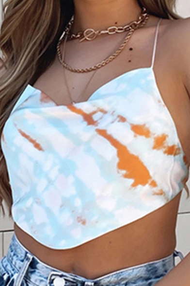 Womens Cami Top Chic Tie Dye Lace-up Backless Spaghetti Strap Sleeveless Slim Fitted Cropped Top