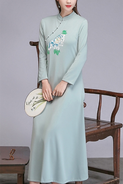 Womens Fashion Round Neck Long Sleeve Embroidery Floral Print Bow-Tied Tassel Light Green Swing Maxi Dress