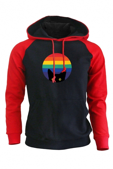 Novelty Mens Hoodie Contrast Cat Rainbow Striped Print Drawstring Kangaroo Pocket Slim Fitted Long Raglan Sleeve Hoodie