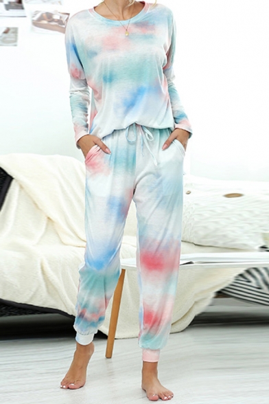 Casual Women's Graphic Two Piece Set Tie Dye Star Pattern Round Neck Short-sleeved Relaxed Fit Tee Top and Pants Set