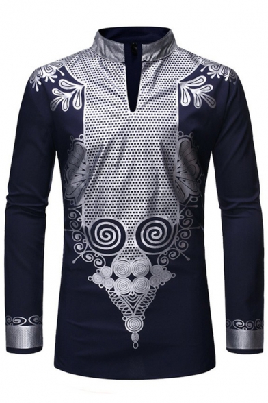 Classic Mens T-Shirt Gilding Spiral Pattern African Style Slim Fitted Long Sleeve Split Tunic Stand Collar Tee Top