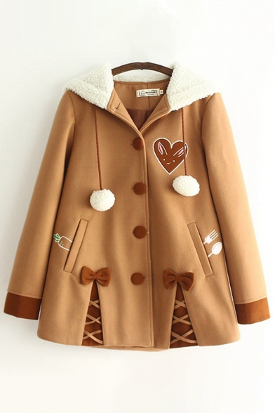 Classic Womens Coat Contrast Panel Heart Bowknot Decoration Fuzzy-Ball Drawstring Button up Hooded Loose Fit Long Sleeve Woolen Coat