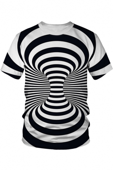 Cool 3D Striped Whirlpool Pattern Round Neck Short Sleeve Black and White T-Shirt