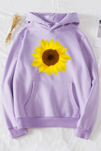 Cool Womens Hoodie Sunflower Pattern Kangaroo Pocket Drawstring Long Sleeve Relaxed Fitted Hooded Sweatshirt