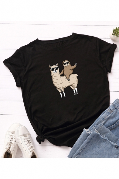 Funny Alpaca And Sloth Pattern Round Neck Short Sleeve T-Shirt