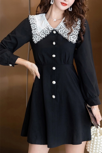 Girls Halloween Popular Peter Pan Collar Long Sleeve Contrast Cuff Button Up Black Mini A-Line Dress