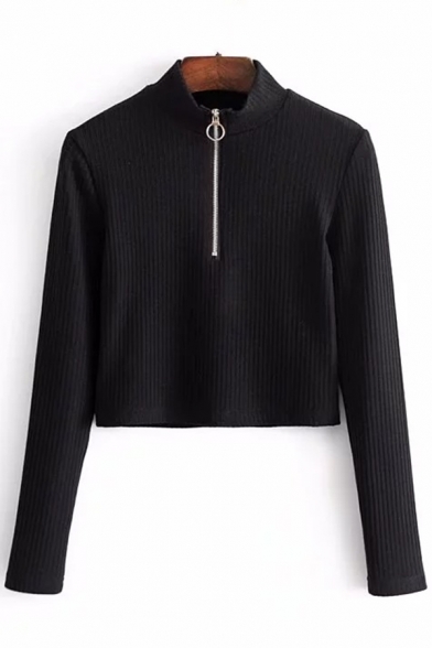High Neck Long Sleeve Zipper Front Plain Ribbed Crop Sweatshirt