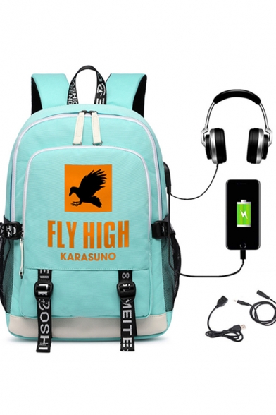 Laptop Backpack Fashionable Crow Letter Pattern Buckle Decorated Anime Haikyuu USB Charge Interface Oxford Laptop Backpack