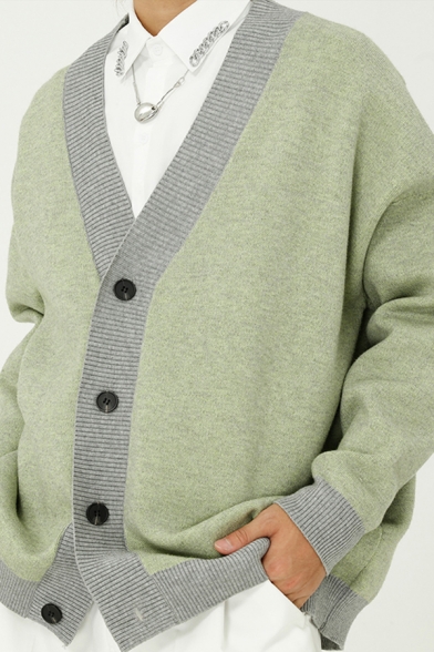 Mens Cardigan Creative Contrast Ribbed Trim Button Fly Long Sleeve Loose Fit V Neck Cardigan
