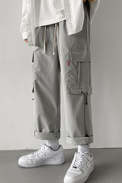 Mens Pants Creative Side Flap Pockets Bungee-Style Cuffs Drawstring Waist Loose Fitted 7/8 Length Straight Cargo Pants