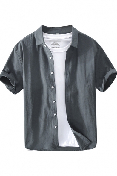 Mens Shirt Chic Plain Purified Cotton Spread Collar Button down Regular Fit Short Sleeve Shirt