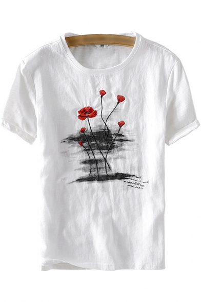Mens T Shirt Fashionable Floral Embroidered Linen Round Neck Regular Fit Short Sleeve Tee Top