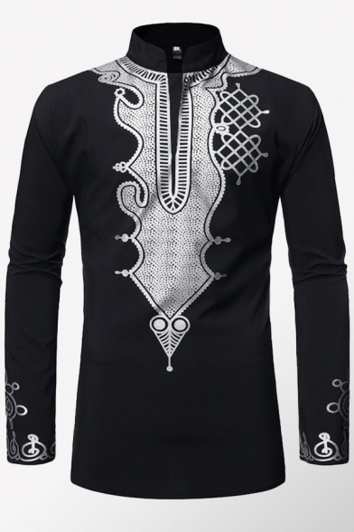 Mens Tunic T-Shirt African Style Gilding Pattern Slim Fitted Stand Collar Long Sleeve T-Shirt