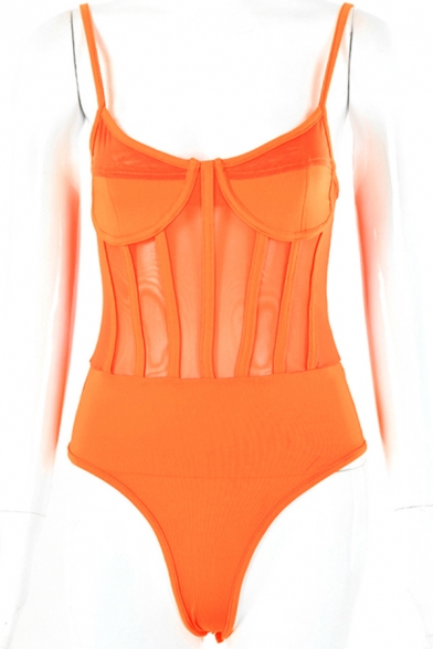 Novelty Womens Bodysuit See-through Mesh Patchwork Slim Fitted Spaghetti Strap Sleeveless Bodysuit