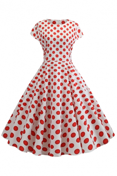 Novelty Womens Dress Polka Dot Print Short Sleeve Waist Controlled Midi A-Line Slim Fitted Round Neck Swing Dress