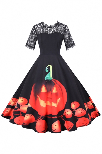 Retro Womens Dress Color Block Pumpkin Pattern Lace Patchwork Short Sleeve Midi A-Line Slim Fitted Round Neck Swing Dress