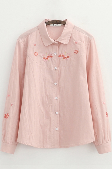 Retro Womens Shirt Floral Embroidered Spread Collar Button Detail Loose Fit Long Sleeve Shirt