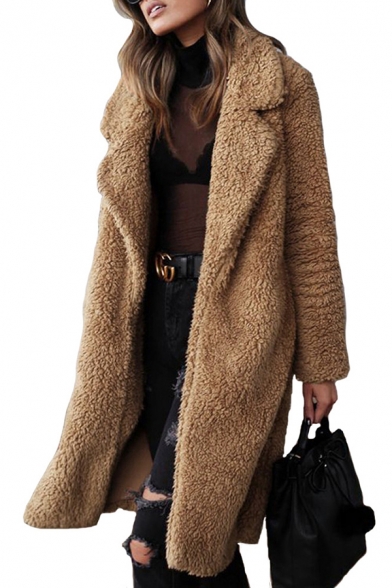 Winter Warm Women's Overcoat Solid Color Open Front Notch Collar Faux Fur Overcoat