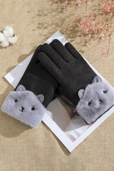 Womens Fashionable Solid Color Faux Fur Rabbit Embellished Warm Thick Suede Gloves