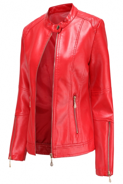 Womens Jacket Fashionable Solid Color Zipper Detail Long Sleeve Stand Collar Slim Fit Leather Jacket