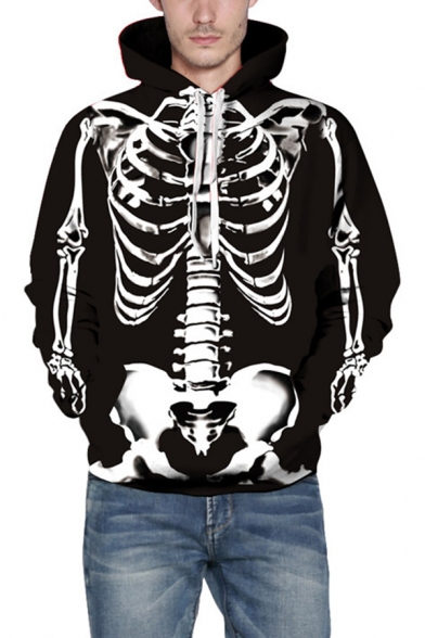 Mens Hooded Sweatshirt Trendy 3D Skeleton Chest Pattern Drawstring Long Sleeve Regular Fit Hooded Sweatshirt