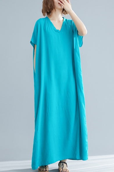 Basic T-Shirt Dress Solid Color V Neck Short Sleeves Relaxed Fit Long T-Shirt Dress for Women