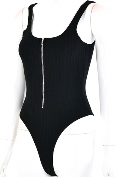 Basic Womens Bodysuit Plain Purified Cotton Zipper Front Rib Knit Slim Fitted Sleeveless Scoop Neck Bodysuit