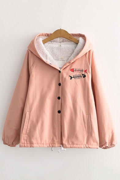 Chic Sailboat Embroidered Long Sleeve Concealed Zip Placket Hooded Jacket