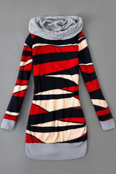 Classic Womens Cardigan Color Block Stripe Pattern Thickened Button Fly Mid-Length Long Sleeve Slim Fitted Hooded Cardigan