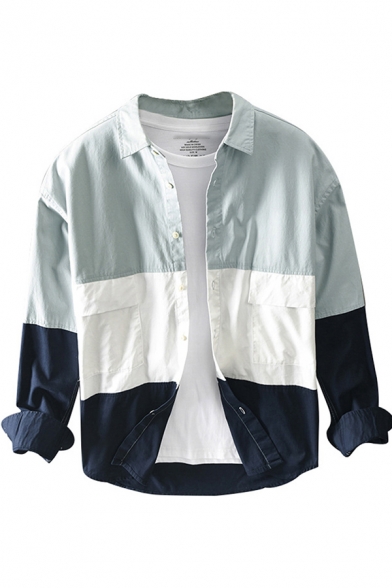 Cool Mens Shirt Contrast Panel Cotton Flap Pockets Button up Turn-down Collar Long Sleeve Regular Fit Shirt