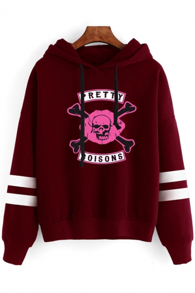 Cool Skull Letter PRETTY POISONS Printed Striped Long Sleeve Drawstring Hoodie