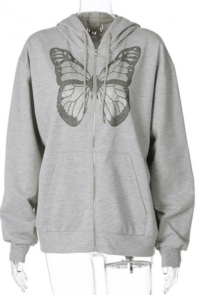 Creative Womens Hooded Sweatshirt Butterfly Pattern Kangaroo Pocket Zipper Fly Drawstring Regular Fitted Long Sleeve Hoodie
