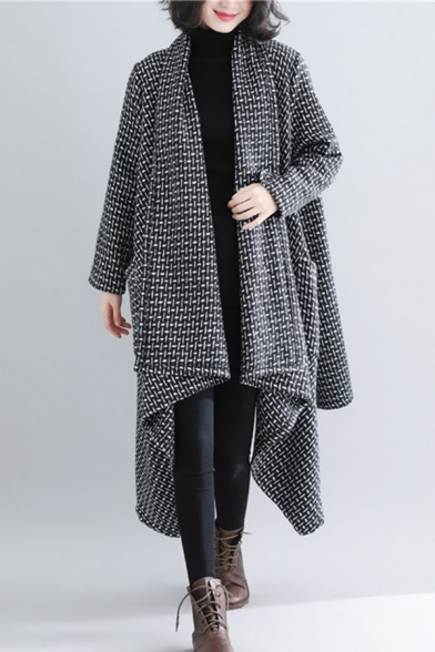 Fashionable Women's Coat Houndstooth Pattern Asymmetrical Pocket Open Front Long Sleeves Relaxed Fit Coat