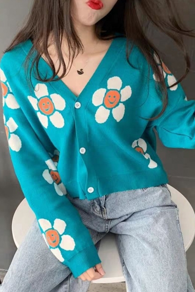 Girls Casual Flower Smile Face Printed Long Sleeve Button Front Blue Loose Cropped Cardigan Coat