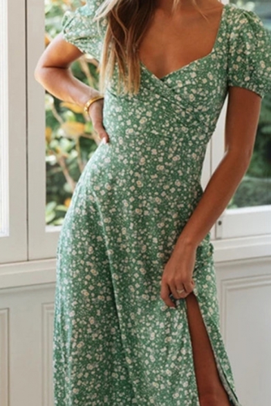 Green Floral Print Maxi Dress Womens Triangle Cut-out Backless V Neck Puff Sleeve Fitted Dress with Slit