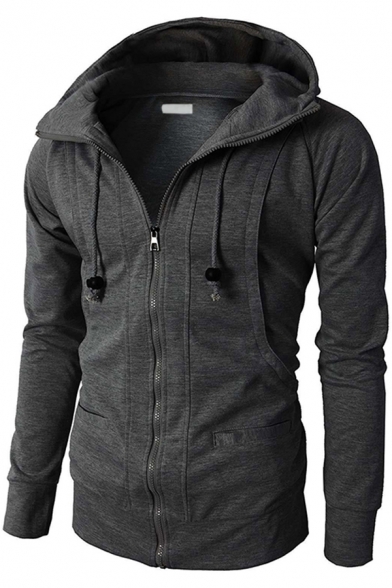 Mens Jacket Unique Solid Color Drawstring Zipper Detail Slim Fitted Long Sleeve Hooded Casual Jacket