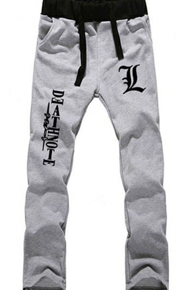 Mens Pants Trendy Contrast-Waistband Anime Death Note Letter Print Drawstring Waist Cuffed Ankle Length Slim Fit Tapered Jogger Pants
