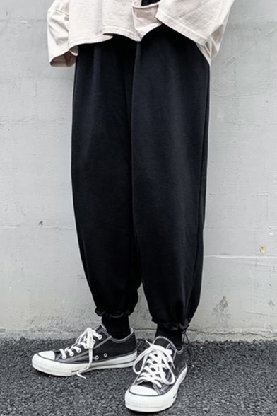 Mens Pants Trendy Plain Bungee-Style Cuffs Drawstring Waist Ankle Length Loose Fit Tapered Jogger Pants