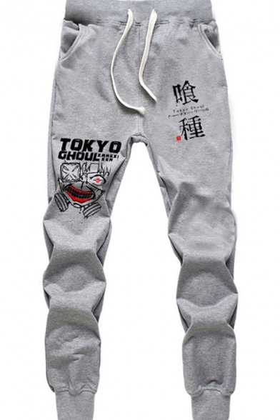 Mens Pants Unique Anime Letter Tokyo Ghoul Drawstring Waist Cuffed Slim Fit 7/8 Length Tapered Graphic Jogger Pants