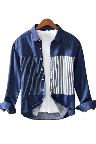 Mens Shirt Creative Color Block Stripe-Panel Spread Collar Button Detail Regular Fit Long Sleeve Shirt