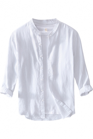 Mens Shirt Trendy Plain Linen Stand Collar Button Detail Regular Fit 3/4 Sleeve Shirt