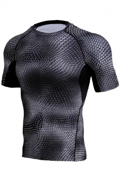 Mens T-Shirt Chic Allover Geometric Print Short Sleeve Round Neck Skinny Fitted Quick-Dry Tee Top