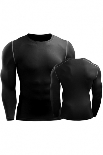 Mens T-Shirt Chic Topstitching Quick-Dry Stretch Skinny Fitted Round Neck Long Sleeve T-Shirt