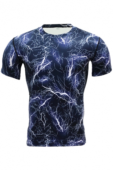 Mens T-Shirt Stylish Lightning Camo Print Quick-Dry Stretch Skinny Fitted Short Sleeve Crew Neck Tee Top