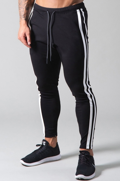 Retro Mens Pants Letter LYFT Pattern Side Stripe Patchwork Drawstring Waist Slim Fit 7/8 Length Tapered Jogger Pants