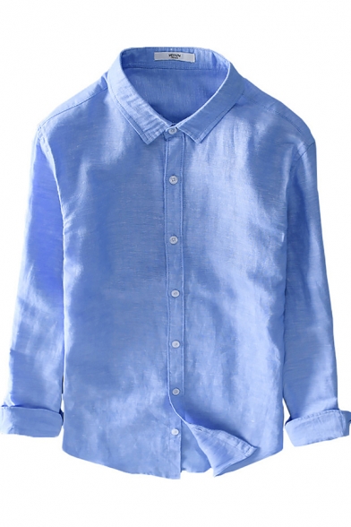 Retro Mens Shirt Solid Color Cotton Linen Spread Collar Button Detail Regular Fit Long Sleeve Shirt