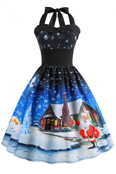 Retro Womens Dress Father Christmas House Snowman Tree Snowflake Pattern Midi A-Line Slim Fit Tie-Halter Sweetheart Neck Sleeveless Swing Dress