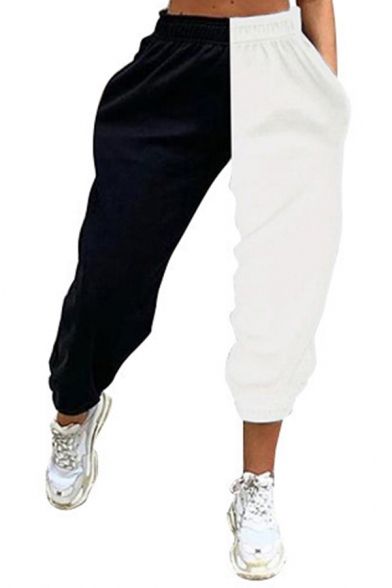 Trendy Women's Pants Color Block High-Rise Side Pockets oversized Pants