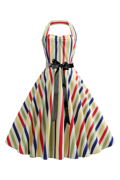 Women's Vintage Colorful Striped Print Halter Neck Sleeveless Midi A-Line Flared Dress